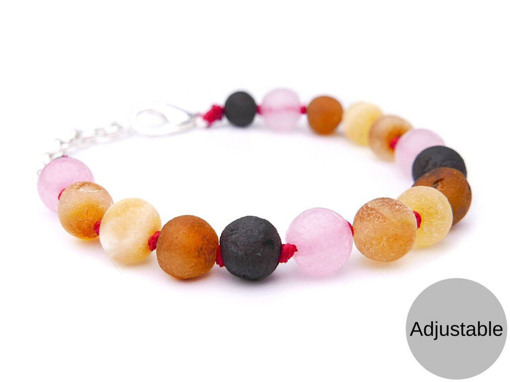 Amber teething bracelet or anklet with pink quartz accents for babies
