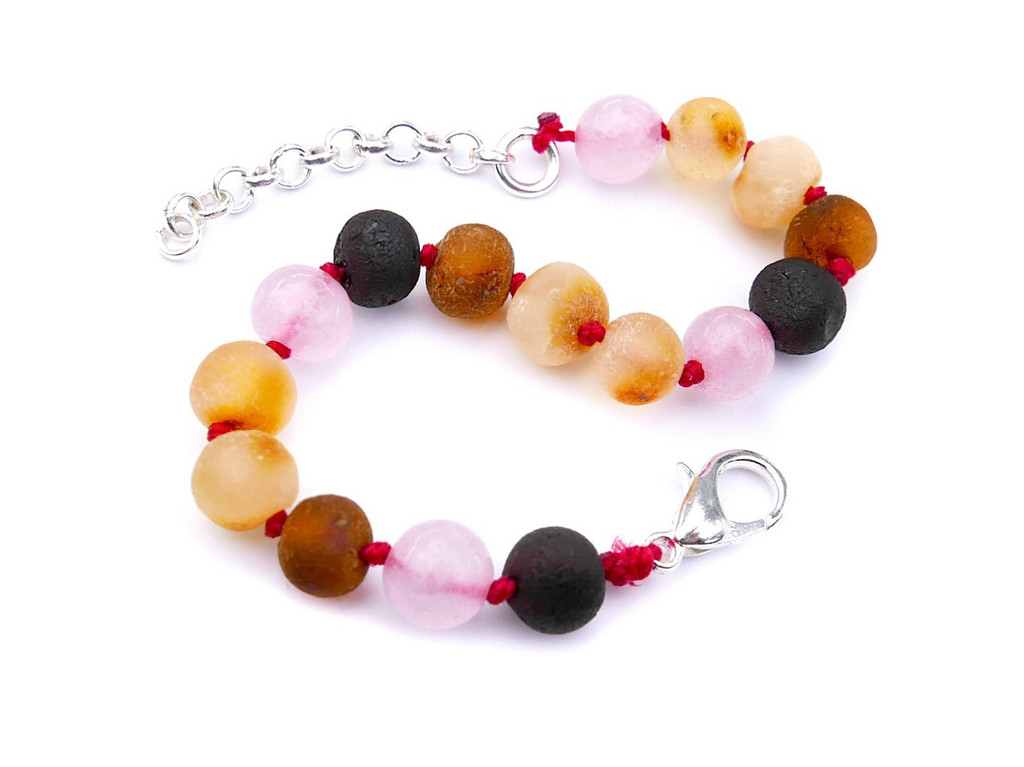 Baltic amber and pink quartz adjustable teething anklet for children handcrafted organic jewellery with secure lobster clasp