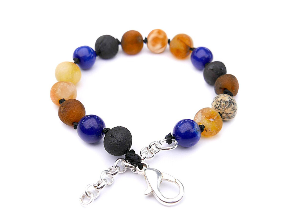 Natural Baltic amber teething bracelet or anklet for kids featuring genuine blue agate lightweight adjustable and comfortable fit