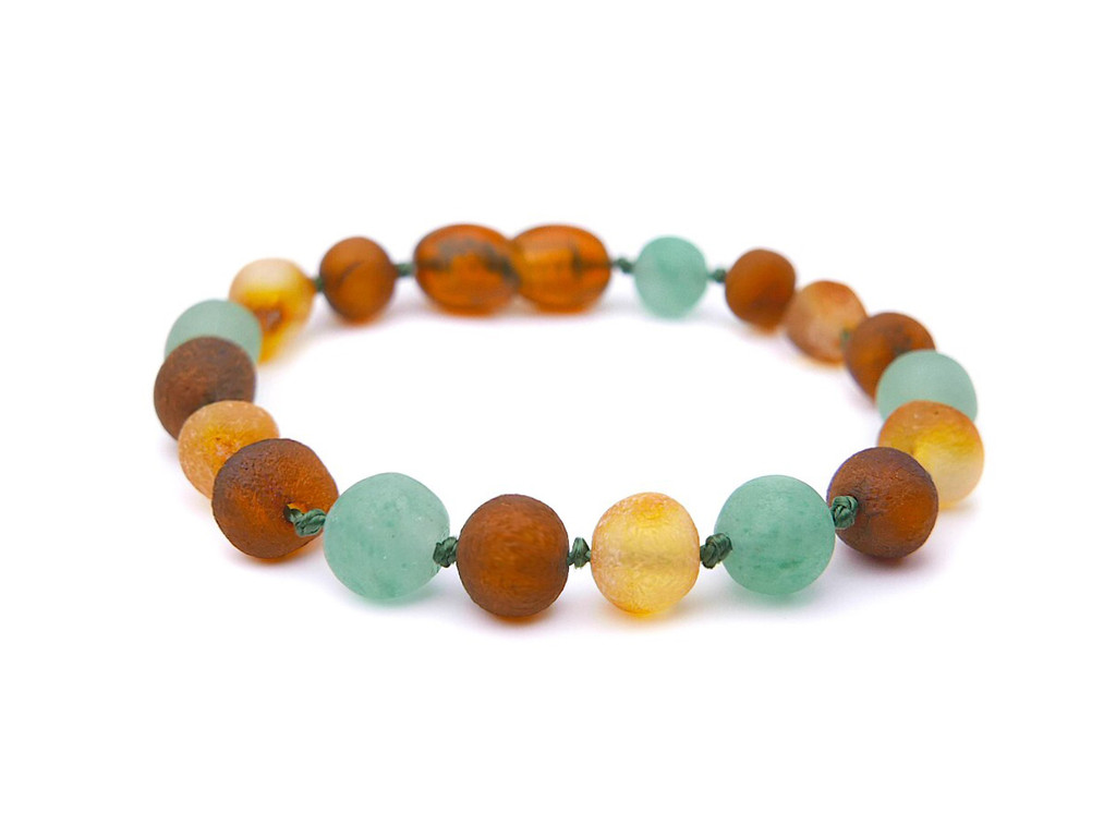 Multicolour raw amber and matte green agate teething bracelet eco-friendly handmade jewellery with secure screw clasp 