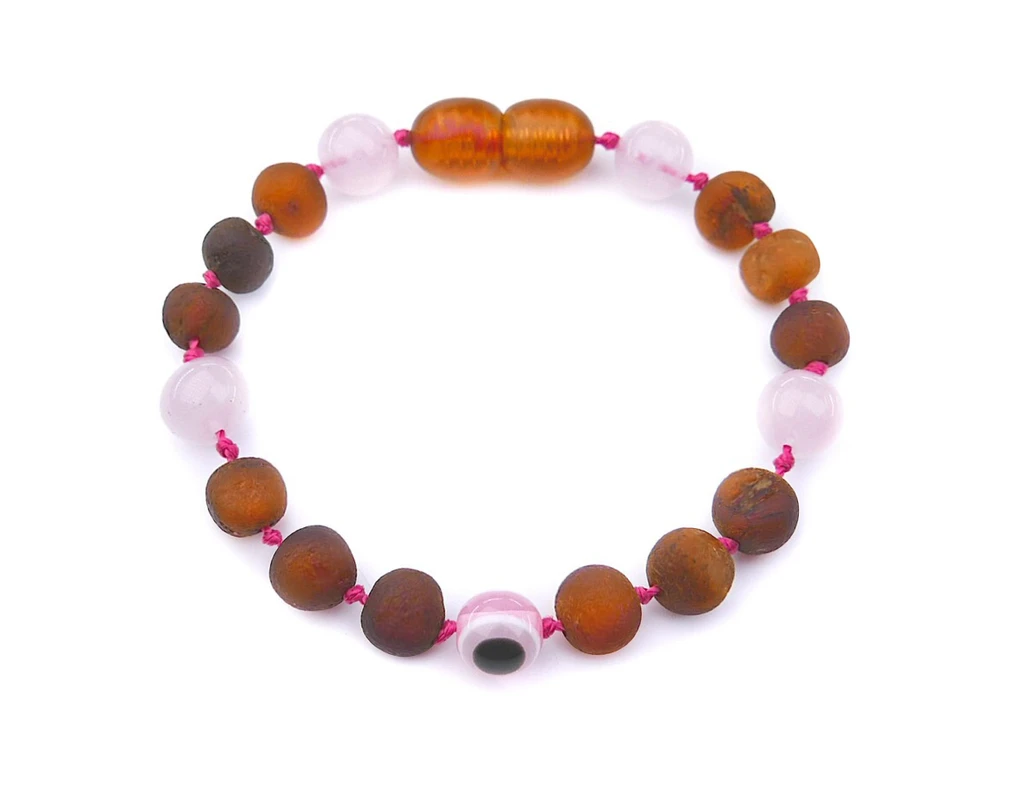Natural raw amber teething bracelet for kids with pink quartz stones and Evil Eye charm authentic Baltic amber beads 