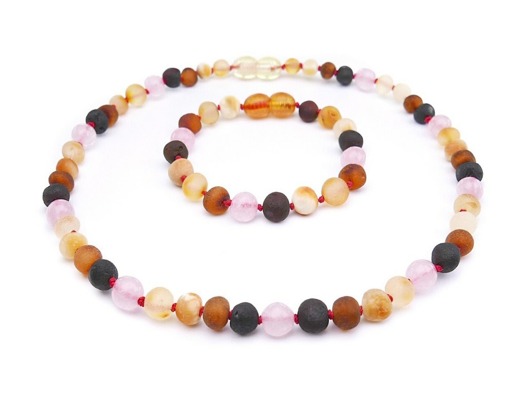 Raw multicoloured amber necklace with matching anklet handcrafted from certified Baltic amber - classic teething style design