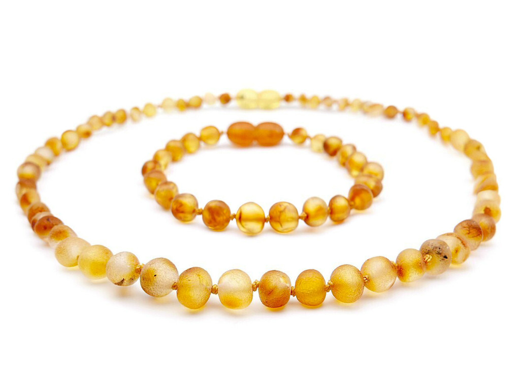 classic teething-style design eco friendly honey raw baltic amber jewellery set with double knotted beads for durability