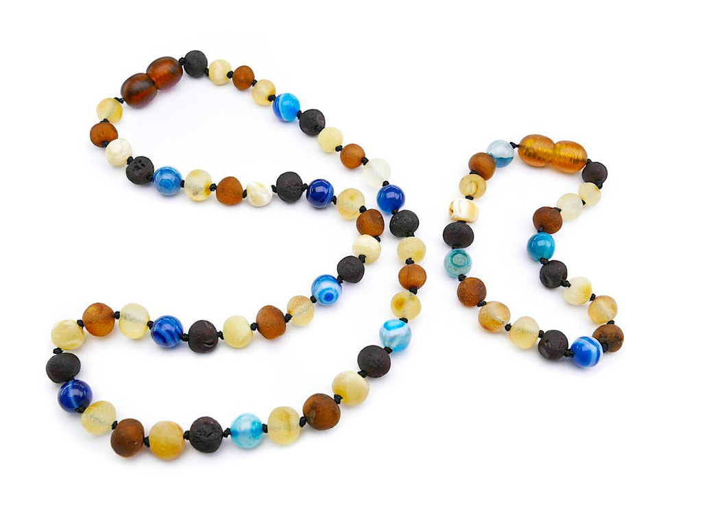 Handmade children’s amber necklace and anklet set crafted from raw baroque amber and blue agate - traditional teething style design