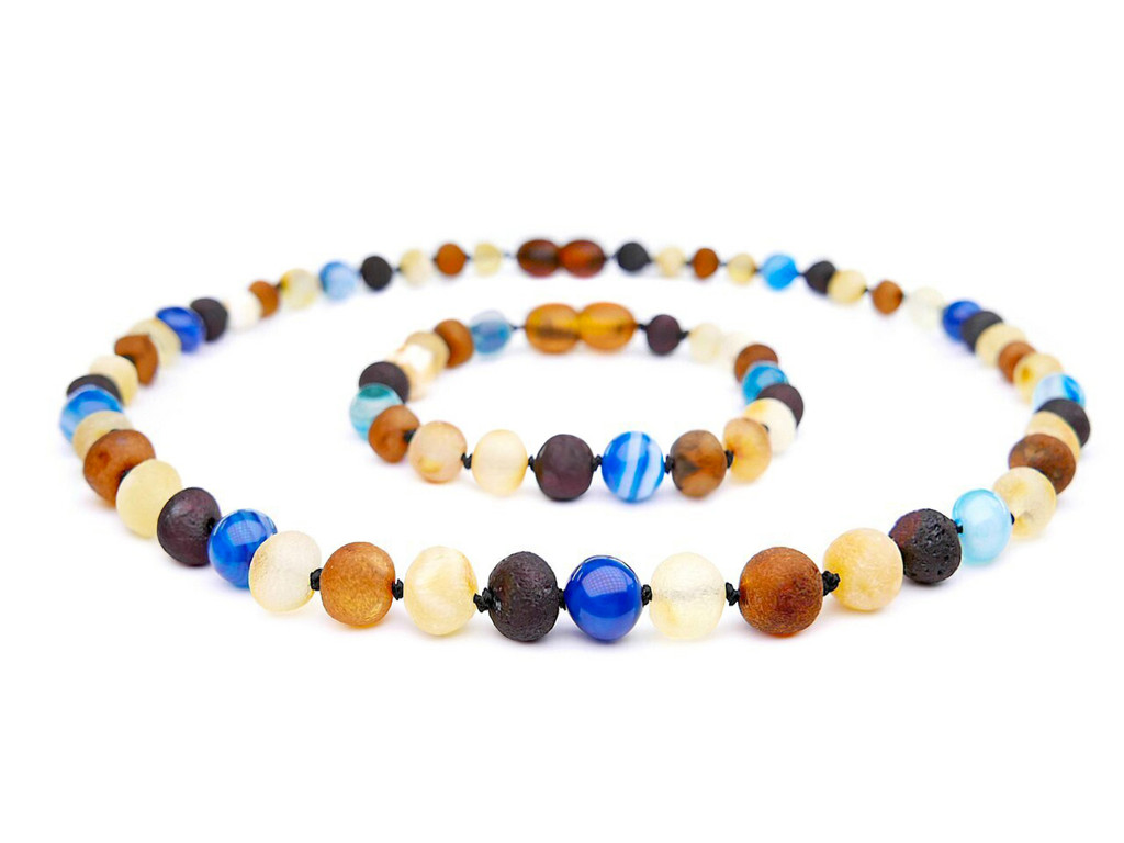 Baltic amber teething set with raw multicoloured beads and blue agate details for natural earthy style