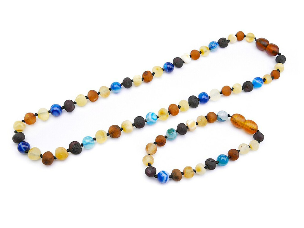 Raw unpolished baroque amber necklace and anklet combo with bright blue agate beads for kids - traditional teething style design
