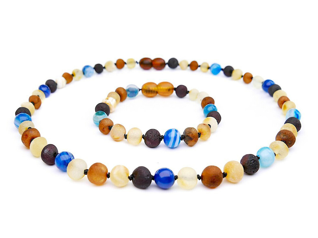 Eco-friendly Baltic amber necklace and bracelet set in raw multicoloured amber with blue agate highlights