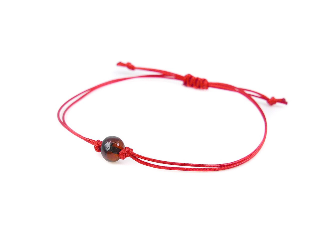 Kids Red String Kabbalah Bracelet with dark cherry polished amber bead