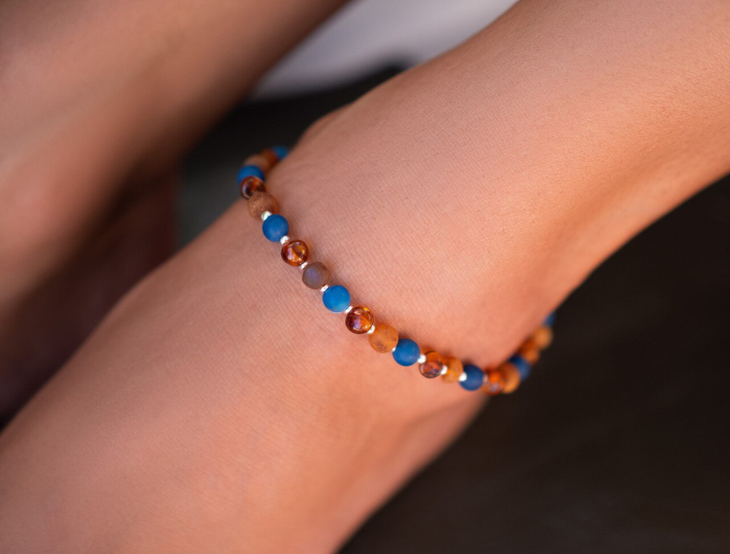 Amber Anklet for adults – matte blue agate and Baltic amber bead anklet, handcrafted anklet bracelet made with organic, bio, eco-friendly materials for men and women
