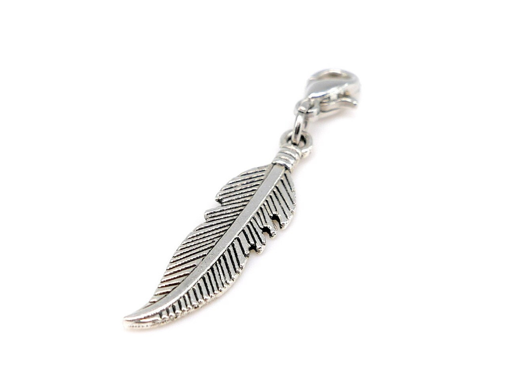 Silver Feather Charm Pendant for Baltic Amber Jewellery – Elegant silver-tone feather pendant with lobster clasp, designed to personalise adult & kids Baltic amber bracelets, necklaces and anklets
