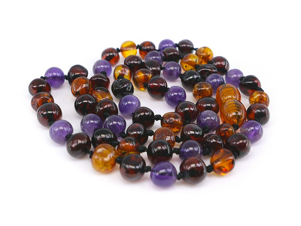 Adult amber necklace with purple amethyst for men and women