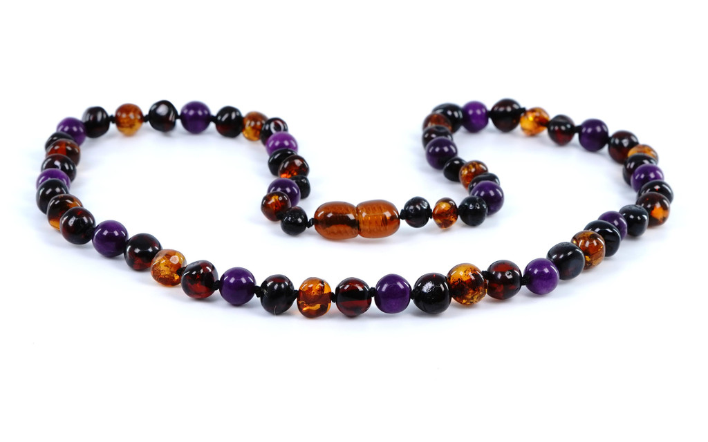 Handcrafted multicoloured Baltic amber necklace with amethyst stones — certified authentic jewellery for men and women, handmade in the EU and shipped worldwide