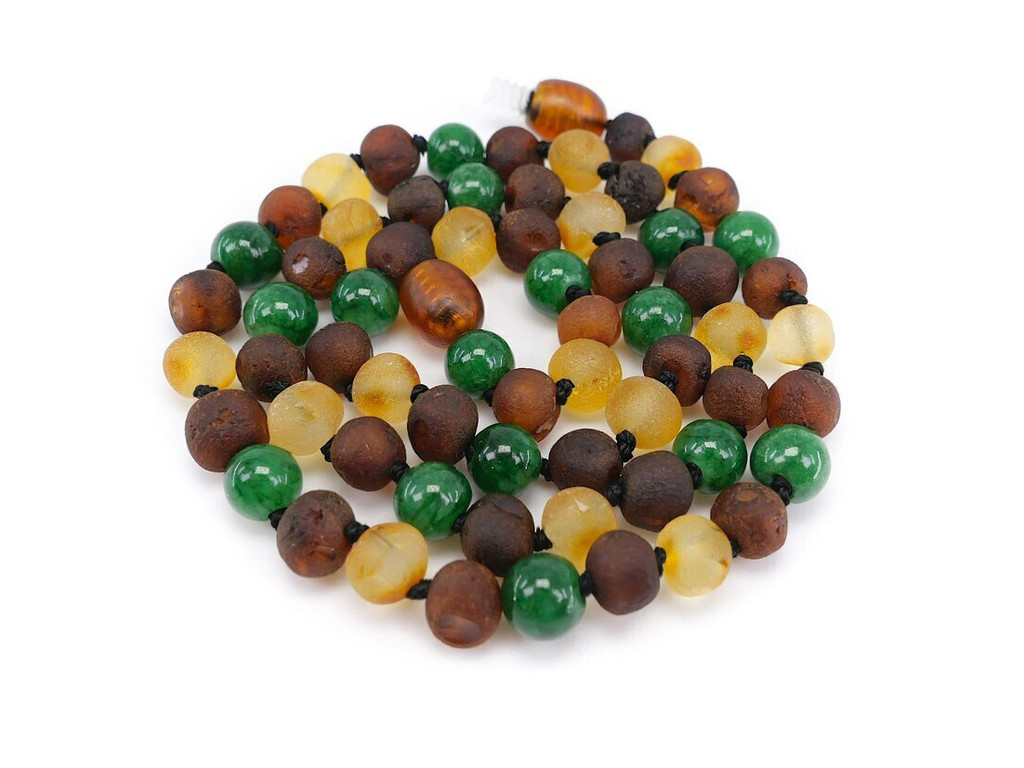 Genuine adult Baltic amber necklace with jade green beads EU, UK & Ireland shop online