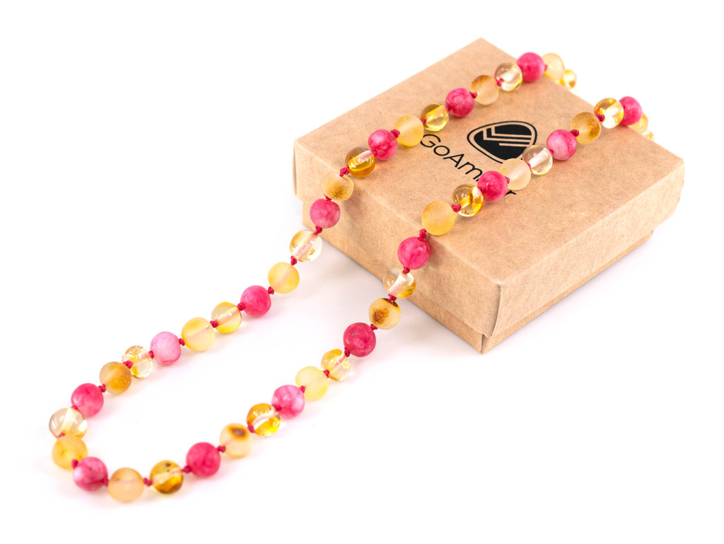 Rose pink amber teething necklace