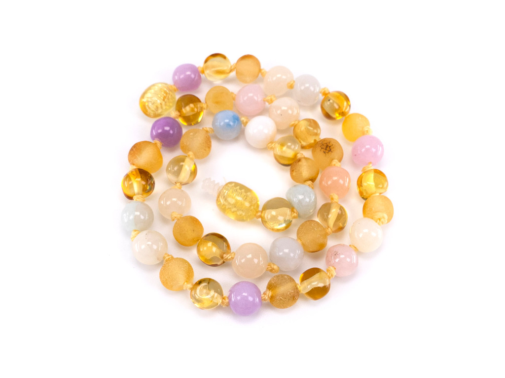 Amber teething necklace with chalcedony beads