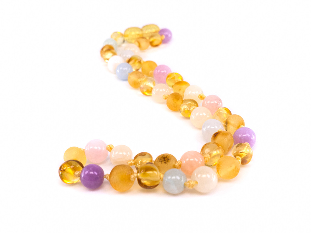 Amber teething necklace with chalcedony beads