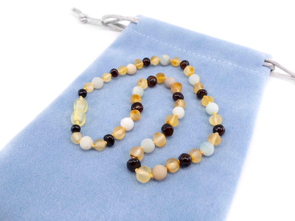 Amber teething necklace amazonite