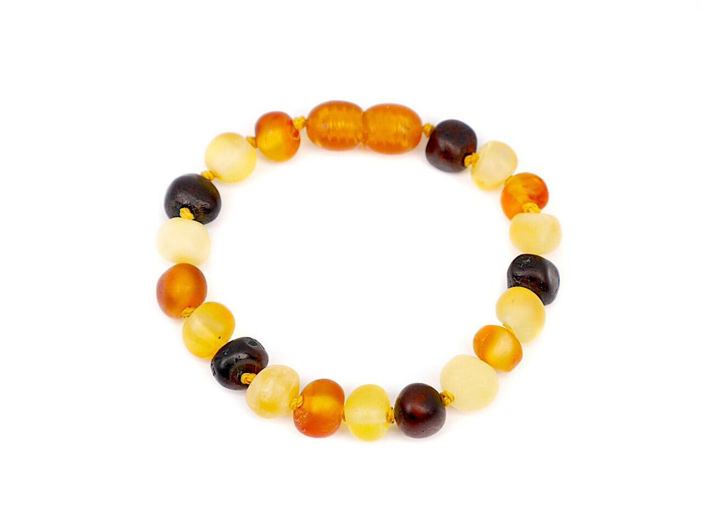 Multicoloured raw amber bracelet or anklet handmade for children using certified genuine Baltic amber - traditional teething style design