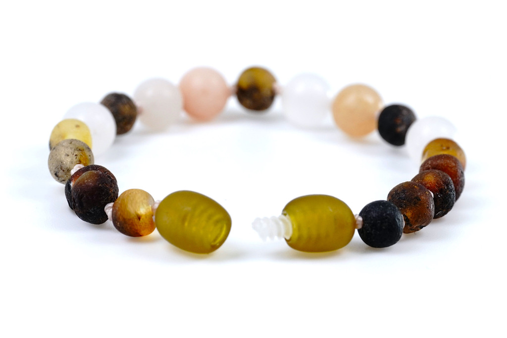 Lightweight teething amber bracelet made from grey raw Baltic amber and matte light pink aventurine beads
