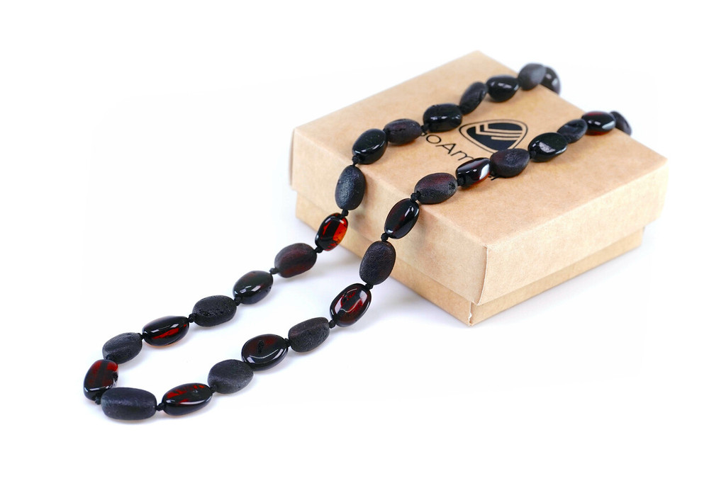 Amber Teething Necklace for Baby Dark Cherry / Black Beads