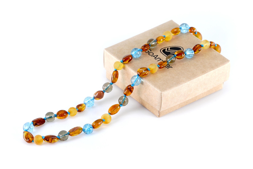 Amber Teething Necklace for Babies with Blue Quartz