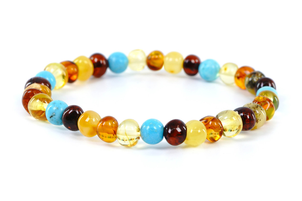 multicoloured Baltic amber bracelet with turquoise beads, handmade adult jewellery with natural amber and turquoise accents