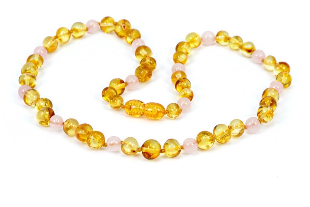 Baltic amber and rose quartz clasp necklace for adults featuring polished baroque beads and natural gemstone details