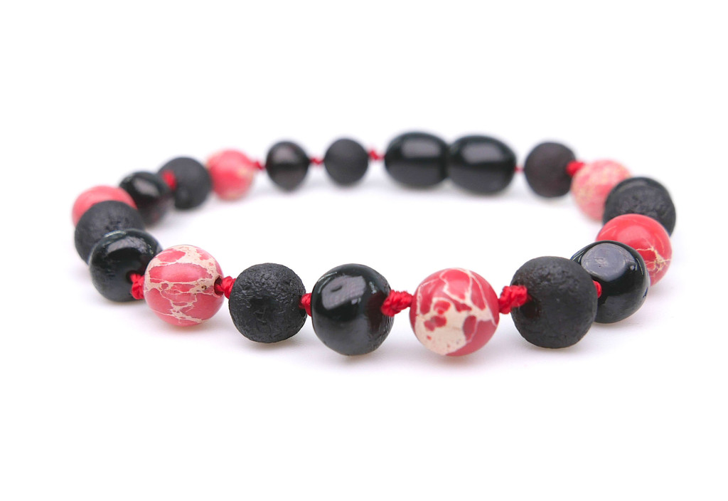 Dark cherry Baltic amber teething bracelet with red sea jasper beads for kids