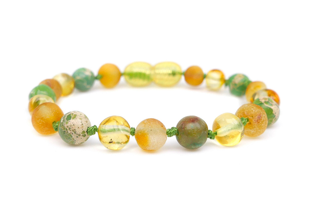 Natural honey Baltic amber bracelet or anklet for children with jasper gemstone beads