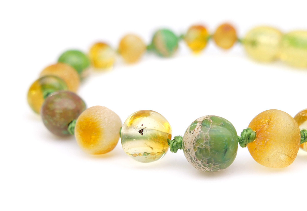 Handmade Baltic amber and jasper children's bracelet with warm honey amber beads