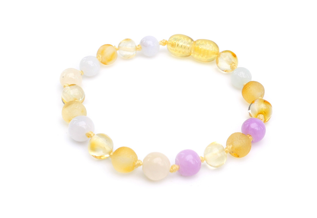 Multicoloured Baltic amber teething style anklet for kids with soft blue chalcedony stones