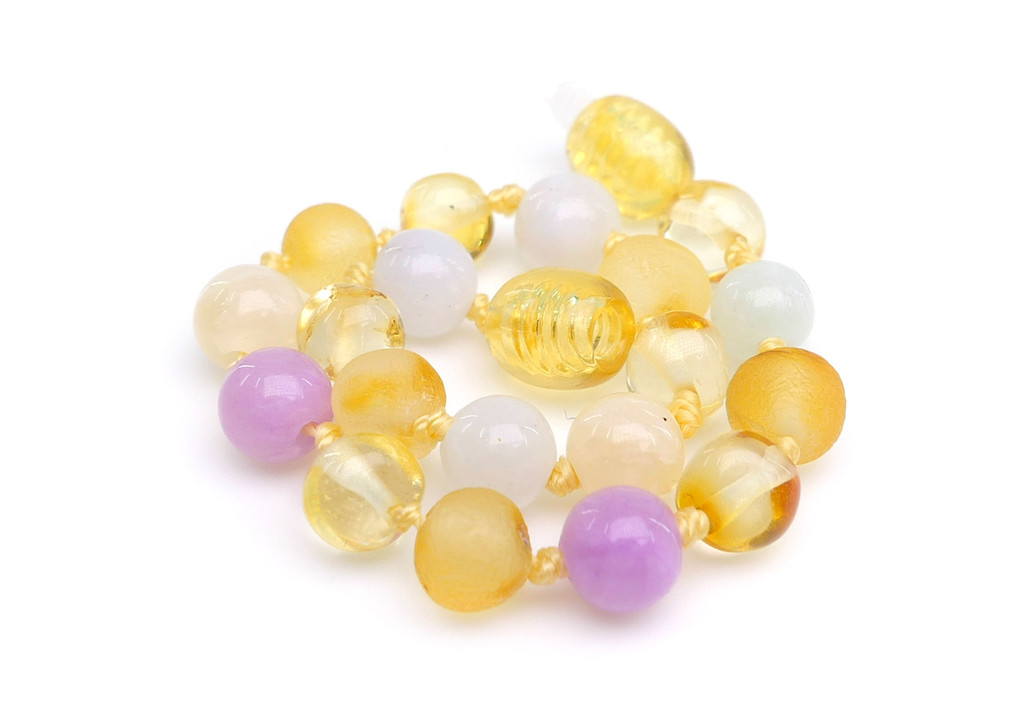 Handmade Baltic amber and chalcedony anklet with individually knotted beads and plastic screw clasp