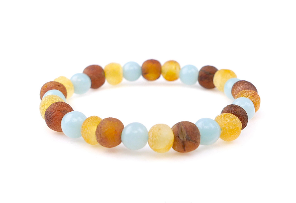 Extra small 11 cm multicoloured Baltic amber anklet for newborn boys with natural blue aquamarine beads