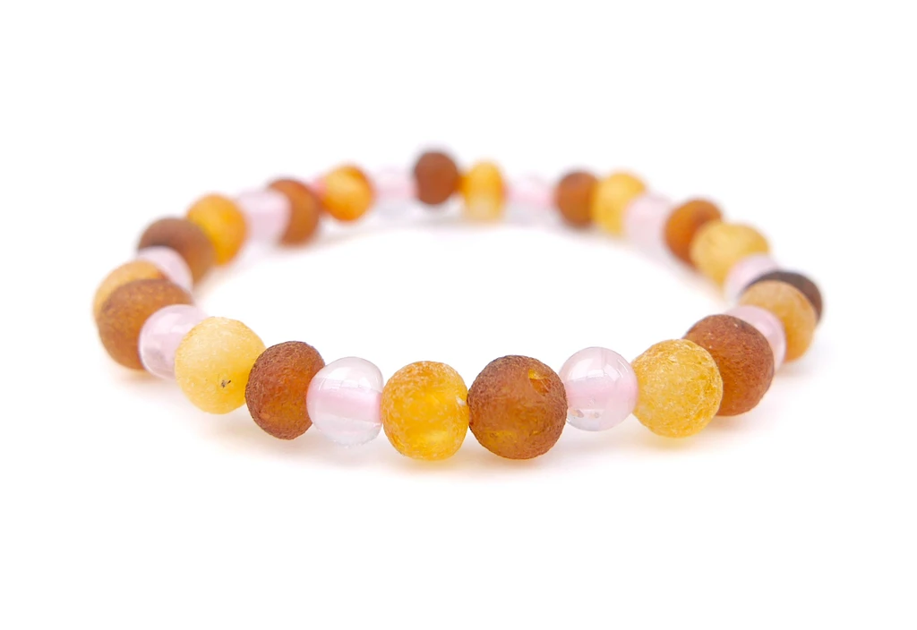 Multicoloured Baltic amber baby girl anklet with soft pink rose quartz and rounded baroque amber beads