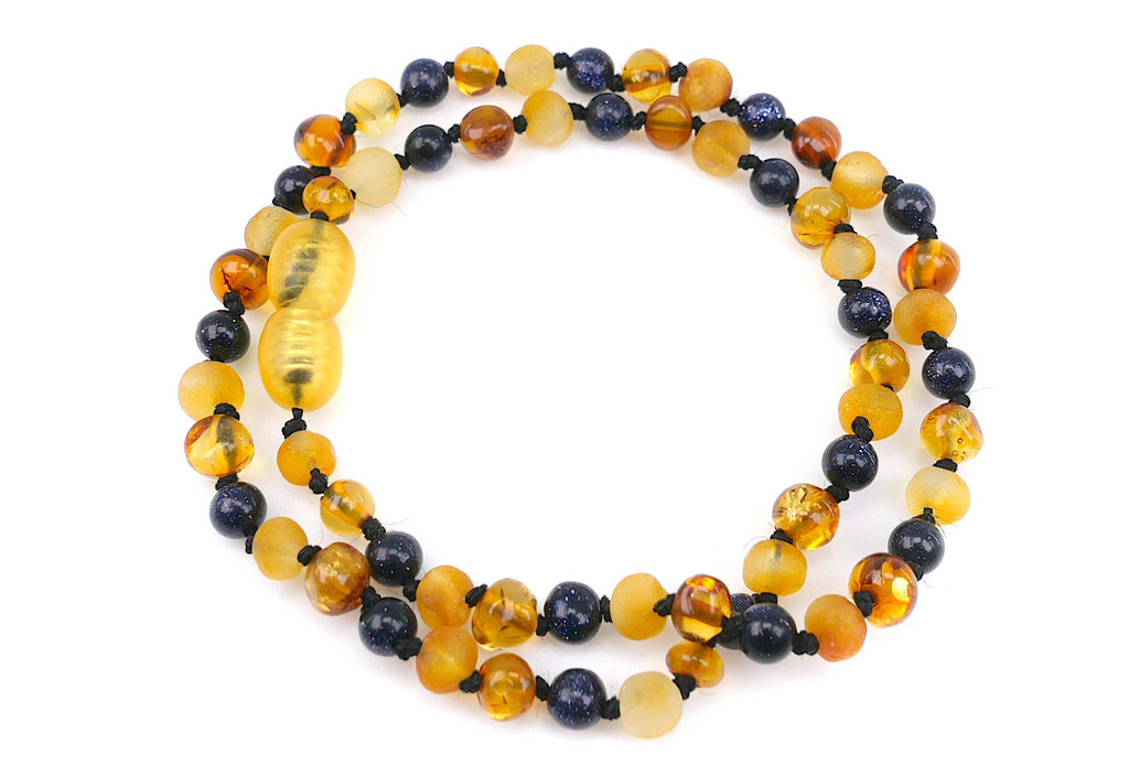 Genuine Baltic amber beaded necklace with contrasting dark blue sandstone and warm honey cognac amber tones