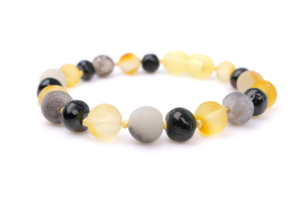 Genuine Multicolour Baltic Amber Teething Bracelet / Anklet for Children with Natural Blue-Green Amazonite Beads