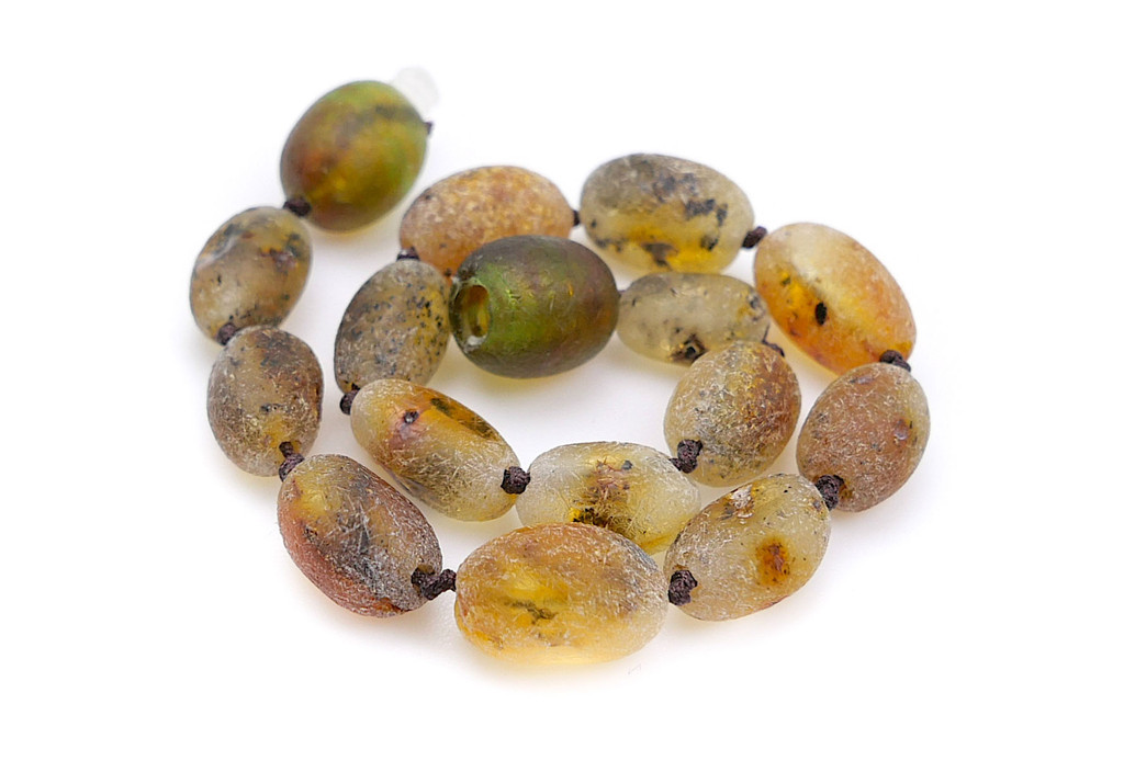 Natural Unpolished Green Baltic Amber Teething Anklet / Bracelet for Kids with Olive-Shaped Beads and Cotton Cord