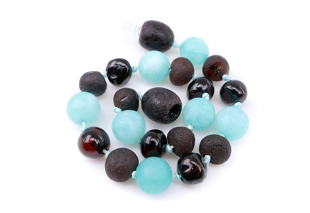 Handmade Baltic Amber and Blue Amazonite Teething Anklet for Children – Authentic Dark Cherry Amber with Individually Knotted Waxed Cotton Cord
