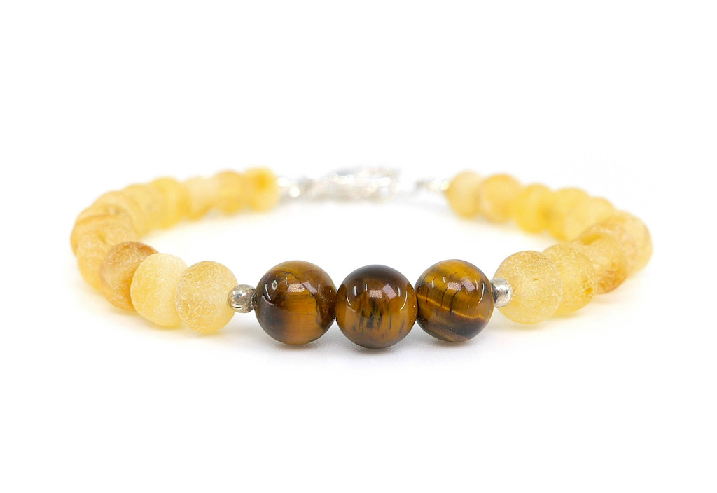 TAURUS Raw Honey Baltic Amber and Tiger's Eye Bracelet for Children – Handmade Adjustable Zodiac Jewellery with Genuine Natural Gemstone Beads