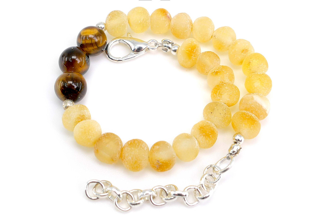 Handmade Taurus Baltic Amber and Tiger's Eye Birthstone Bracelet – Adjustable 15–19 cm Children's Jewellery with Natural Beads and Safety-Style Screw Clasp