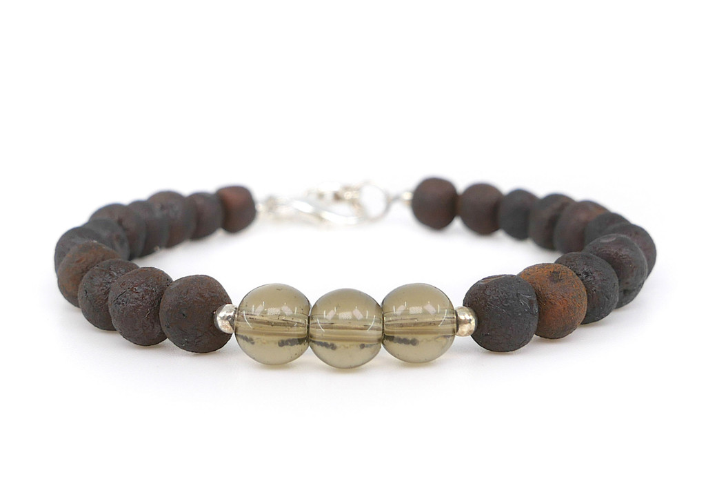 CAPRICORN Raw Dark Cherry Baltic Amber and Smoky Quartz Bracelet for Children – Handmade Adjustable Zodiac Jewellery with Natural Gemstone Beads