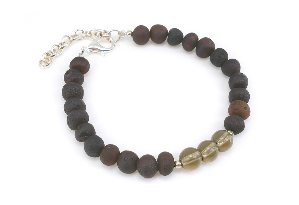 Adjustable Capricorn Zodiac Bracelet for Kids with Baltic Amber and Smoky Quartz – Handcrafted Gemstone Jewellery Featuring Dark Cherry Amber and Smoky Brown Quartz Beads