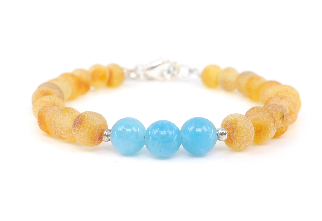 SCORPIO Raw Honey Baltic Amber and Aquamarine Bracelet for Children – Handmade Adjustable Zodiac Jewellery with Natural Unpolished Baltic Amber and Blue Aquamarine Gemstone Beads