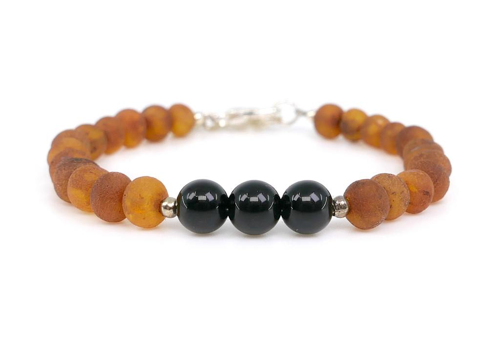 LEO Raw Caramel Baltic Amber and Black Onyx Bracelet for Children – Handmade Adjustable Zodiac Jewellery Featuring Genuine Unpolished Baltic Amber and Natural Black Onyx Gemstone Beads