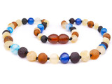 Certified Baltic amber teething necklace with natural unpolished nugget beads and bright blue agate accents