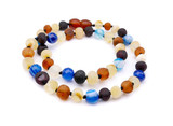 Unpolished Baltic amber teething necklace with earthy multicoloured nuggets and polished blue agate beads 
