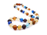 Raw multicoloured amber nugget jewellery for children combined with blue agate gemstone beads - traditional teething style design