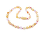 Natural untreated Baltic amber teething necklace in butterscotch tone with matte rose quartz accents for kids