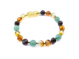 Hand-knotted Baltic amber bracelet for teething with Aventurine stones and secure screw clasp 