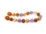 Multicoloured raw amber and matte amethyst teething anklet eco friendly children’s jewellery